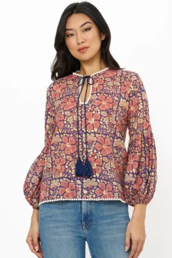 Oliphant Tops>Balloon Sleeve Tie Top- Matera Navy