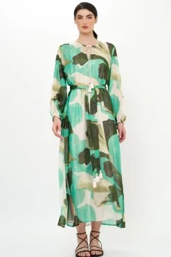 Oliphant Maxis|Dresses>Belted Long Sleeve Shift Maxi- Ginkgo Green