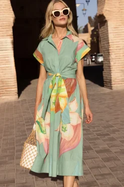 Oliphant Maxis|Dresses>Belted Shirt Dress- Hibiscus Sage