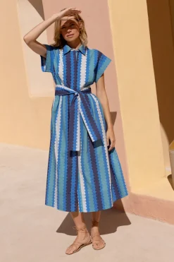 Oliphant Maxis|Dresses>Belted Shirt Dress- Meko Blue