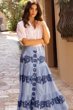 Oliphant Skirts>Button Front Skirt- Tangier Blue