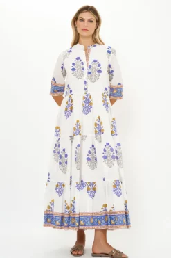 Oliphant Maxis|Dresses>Button Neck 3/4 Sleeve Maxi- Napa Blue