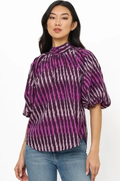 Oliphant Tops>Button Neck Blouse- Ikat Purple