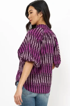 Oliphant Tops>Button Neck Blouse- Ikat Purple