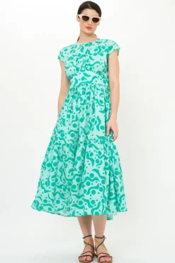 Oliphant Midis|Dresses>Cap Sleeve Midi- Acadia Aqua