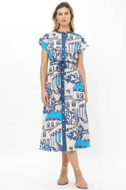Oliphant Midis|Dresses>Cap Sleeve Shirt Dress Midi- Roma Blue