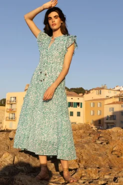 Oliphant Dresses>Cinched Flirty Midi- Cypress Jade