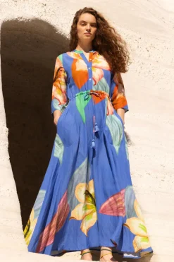 Oliphant Maxis|Dresses>Cinched Shirt Dress Maxi- Hibiscus Blue