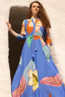 Oliphant Maxis|Dresses>Cinched Shirt Dress Maxi- Hibiscus Blue