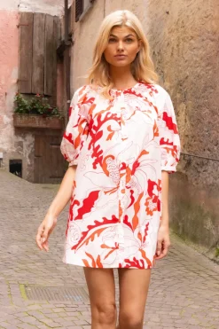 Oliphant Short & Mini Dresses|Dresses>Embroidered Button Mini- Orchid Red