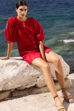 Oliphant Short & Mini Dresses|Dresses>Embroidered Button Mini- Tashkent Red