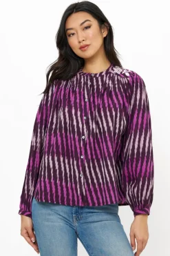 Oliphant Tops>Embroidered Long Sleeve Top- Ikat Purple