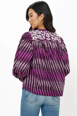 Oliphant Tops>Embroidered Long Sleeve Top- Ikat Purple