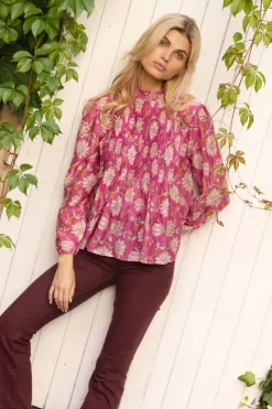 Oliphant Tops>Long Sleeve Pintuck Blouse- Presidio Magenta
