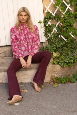 Oliphant Tops>Long Sleeve Pintuck Blouse- Presidio Magenta