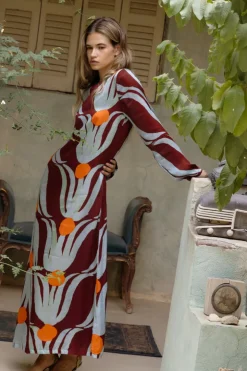 Oliphant Maxis>Long Sleeve Shift Maxi- Tulip Orange