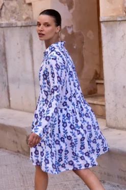 Oliphant Short & Mini Dresses|Dresses>Long Sleeve Shirt Dress Mini- Toscana Blue