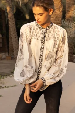 Oliphant Tops>Mandarin Pintuck Blouse- Samba Black