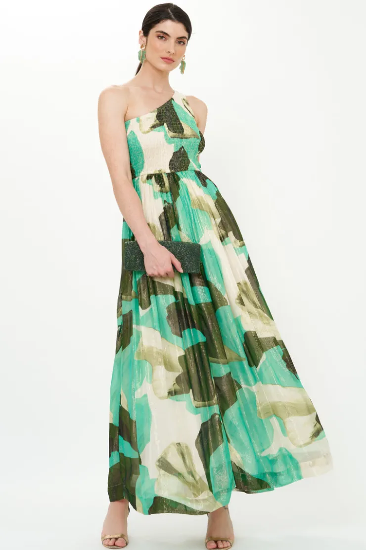 Oliphant Maxis|Dresses>One Shoulder Smocked Maxi- Ginkgo Green