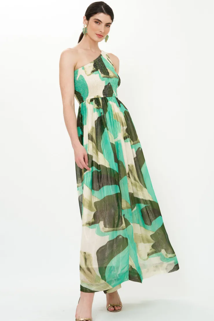 Oliphant Maxis|Dresses>One Shoulder Smocked Maxi- Ginkgo Green