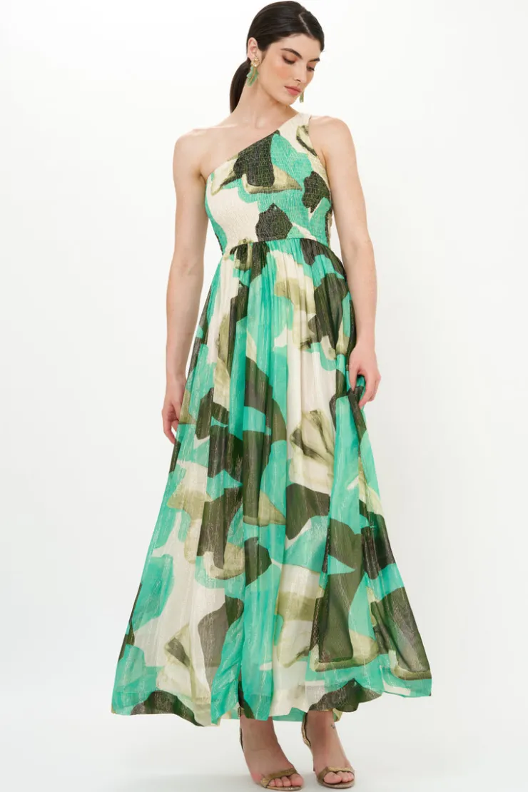 Oliphant Maxis|Dresses>One Shoulder Smocked Maxi- Ginkgo Green