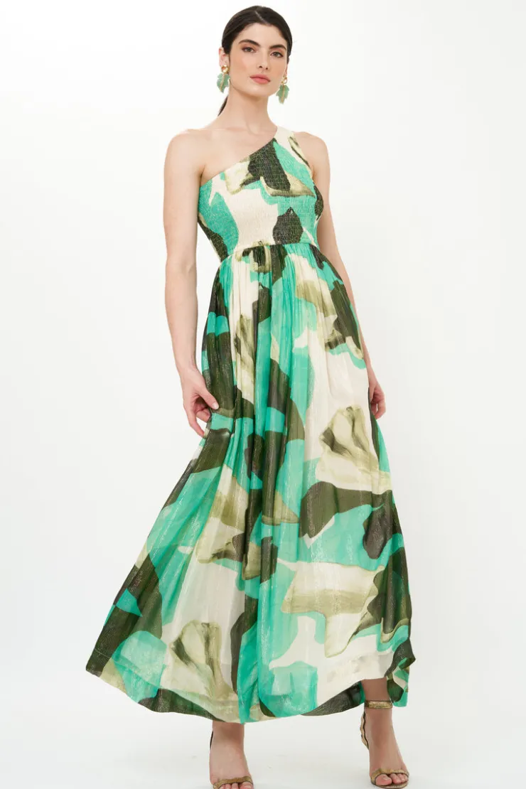 Oliphant Maxis|Dresses>One Shoulder Smocked Maxi- Ginkgo Green