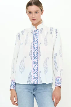 Oliphant Tops>Pintuck Button Front Blouse- Aptos Blue