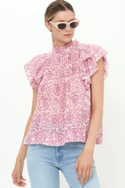 Oliphant Tops>Pintuck Ruffle Top- Malta Pink