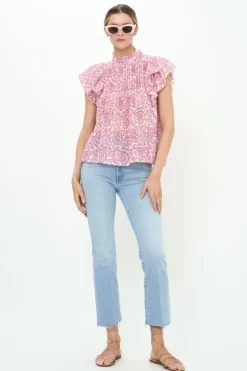 Oliphant Tops>Pintuck Ruffle Top- Malta Pink