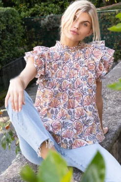 Oliphant Tops>Pintuck Ruffle Top- Montenegro Coral