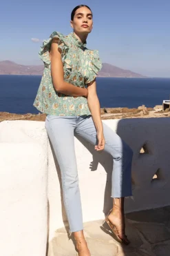 Oliphant Tops>Pintuck Ruffle Top- Mughal Green