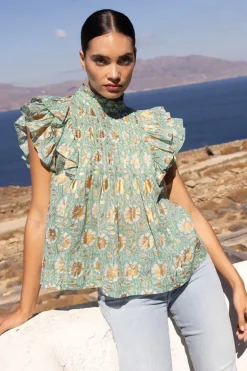 Oliphant Tops>Pintuck Ruffle Top- Mughal Green