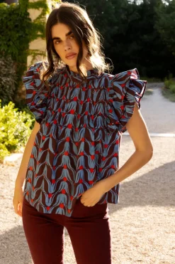 Oliphant Tops>Pintuck Ruffle Top- Tulip Red