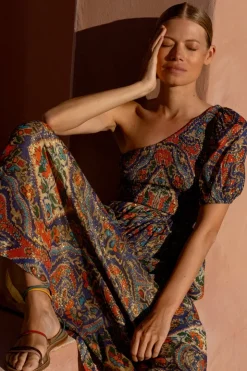 Oliphant Maxis|Dresses>Puff Sleeve One Shoulder Smocked Maxi- Persia Cobalt