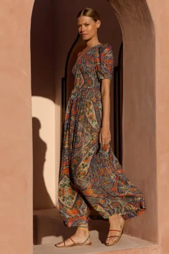 Oliphant Maxis|Dresses>Puff Sleeve One Shoulder Smocked Maxi- Persia Cobalt