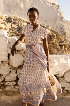 Oliphant Maxis|Dresses>Ruffle Collar Button Maxi- Napa Blue