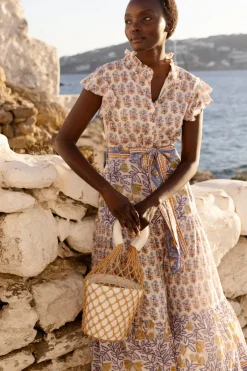 Oliphant Maxis|Dresses>Ruffle Collar Button Maxi- Napa Blue
