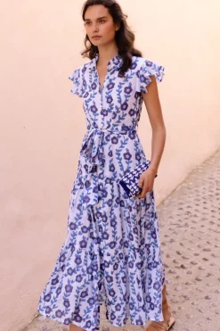 Oliphant Maxis|Dresses>Ruffle Collar Button Maxi- Toscana Blue