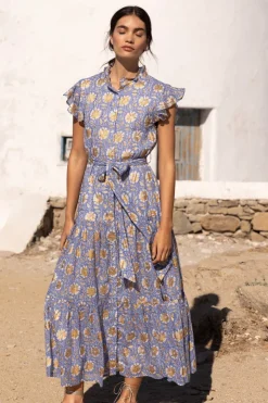 Oliphant Maxis|Dresses>Ruffle Collar Button Maxi- Mughal Blue
