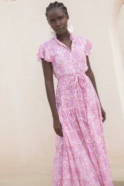 Oliphant Maxis|Dresses>Ruffle Collar Button Maxi- Malta Pink