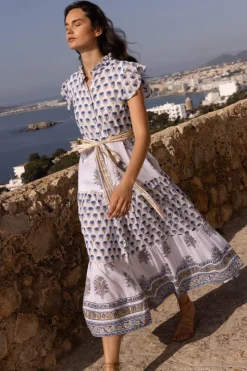 Oliphant Maxis|Dresses>Ruffle Collar Button Maxi- Lotus Navy