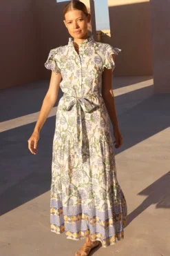 Oliphant Maxis|Dresses>Ruffle Collar Button Maxi- Presidio Blue