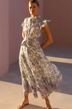 Oliphant Maxis|Dresses>Ruffle Collar Button Maxi- Presidio Blue