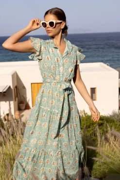 Oliphant Maxis|Dresses>Ruffle Collar Button Maxi- Mughal Green
