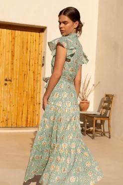 Oliphant Maxis|Dresses>Ruffle Collar Button Maxi- Mughal Green