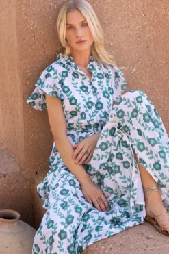 Oliphant Maxis|Dresses>Ruffle Collar Button Maxi- Toscana Green