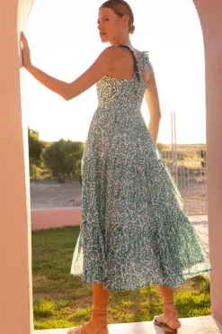 Oliphant Dresses>Ruffle Cross Back Midi- Cypress Jade