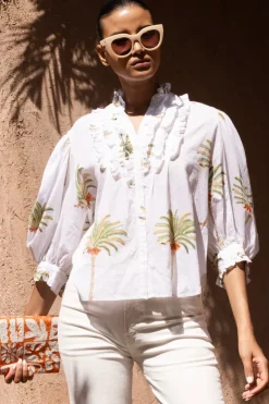 Oliphant Tops>Ruffle Front Button Blouse- Canary Green