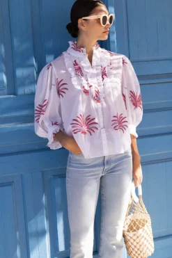 Oliphant Tops>Ruffle Front Button Blouse- Canary Coral
