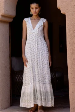 Oliphant Maxis|Dresses>Ruffle V-Neck Maxi- Juniper Olive